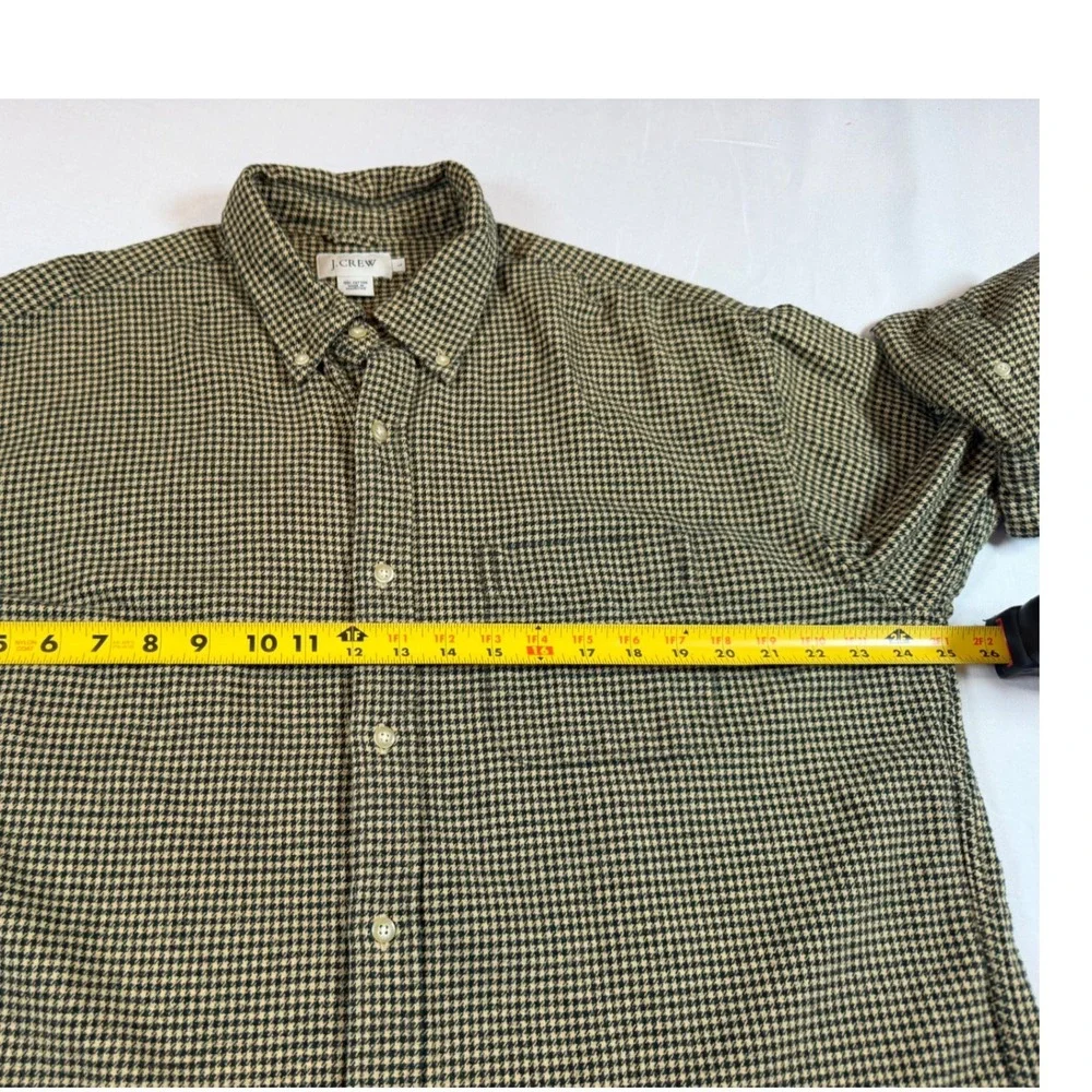 J Crew Vtg Men Large Green Houndstooth Cotton Button Flannel Shirt Long Sleeve L